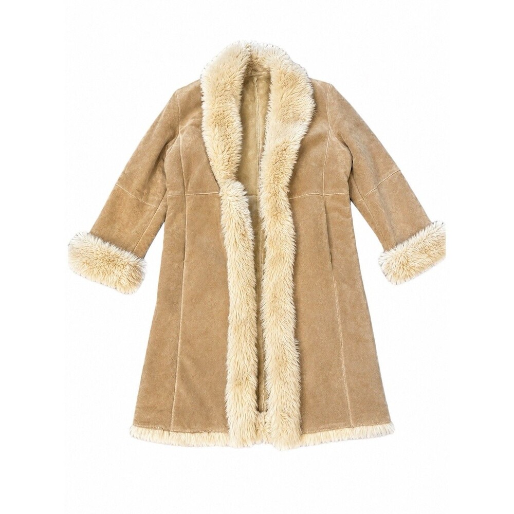 Vintage 90s/Y2K Wilsons Leather Tan Faux Fur Trim Long Penny Lane Coat Size L?